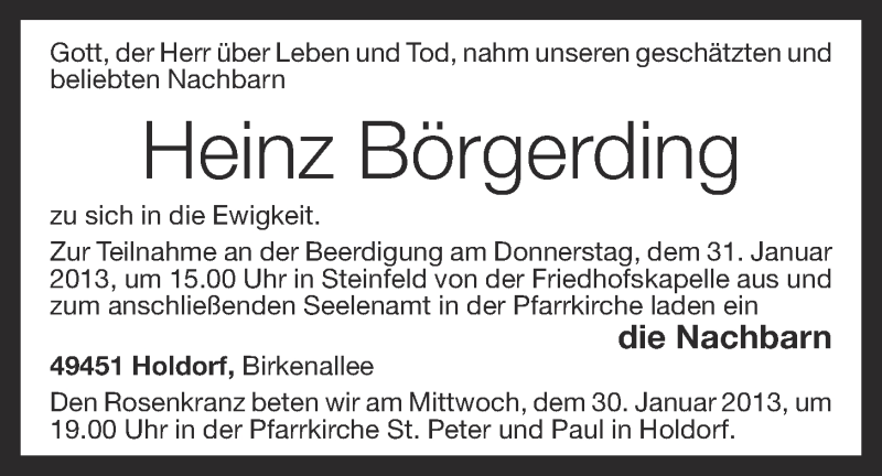  Traueranzeige für Heinz Börgerding vom 29.01.2013 aus OM-Medien